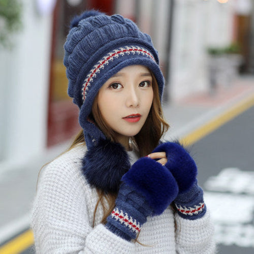 Cozy Knit Fleece-Feel Beanie With Ear Flaps & Pompom Warm Winter Hat