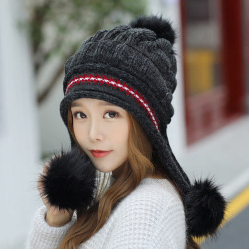 Cozy Knit Fleece-Feel Beanie With Ear Flaps & Pompom Warm Winter Hat