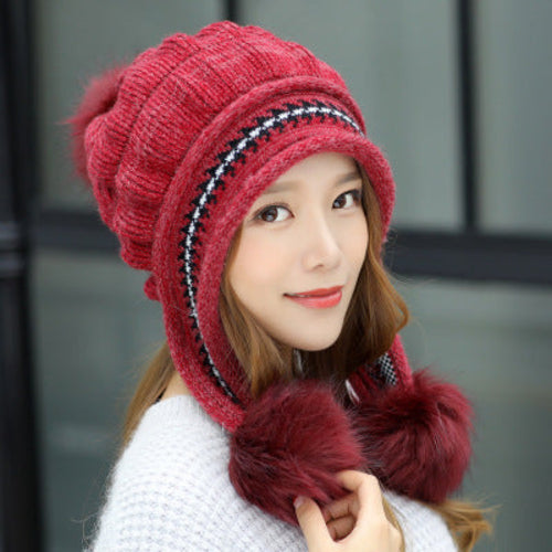 Cozy Knit Fleece-Feel Beanie With Ear Flaps & Pompom Warm Winter Hat