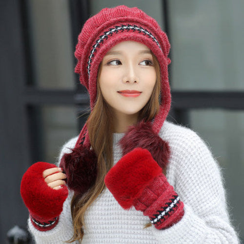 Cozy Knit Fleece-Feel Beanie With Ear Flaps & Pompom Warm Winter Hat