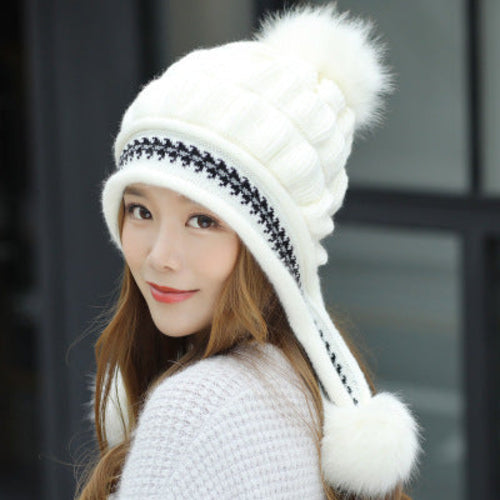Cozy Knit Fleece-Feel Beanie With Ear Flaps & Pompom Warm Winter Hat
