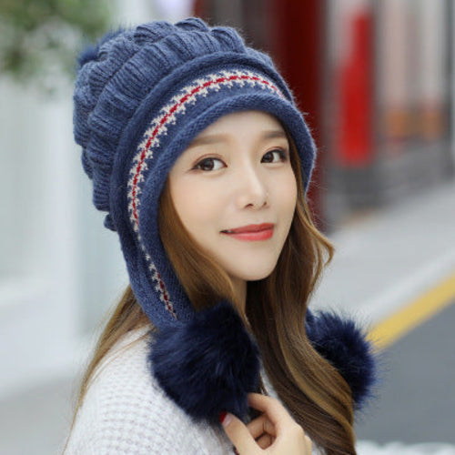 Cozy Knit Fleece-Feel Beanie With Ear Flaps & Pompom Warm Winter Hat