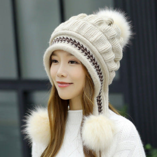 Cozy Knit Fleece-Feel Beanie With Ear Flaps & Pompom Warm Winter Hat