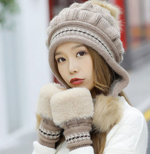Cozy Knit Fleece-Feel Beanie With Ear Flaps & Pompom Warm Winter Hat