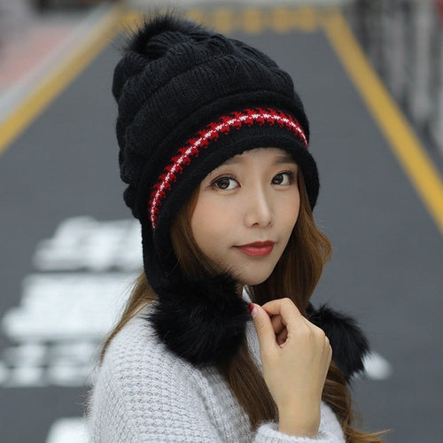 Cozy Knit Fleece-Feel Beanie With Ear Flaps & Pompom Warm Winter Hat