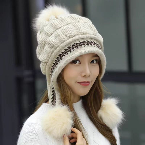 Cozy Knit Fleece-Feel Beanie With Ear Flaps & Pompom Warm Winter Hat