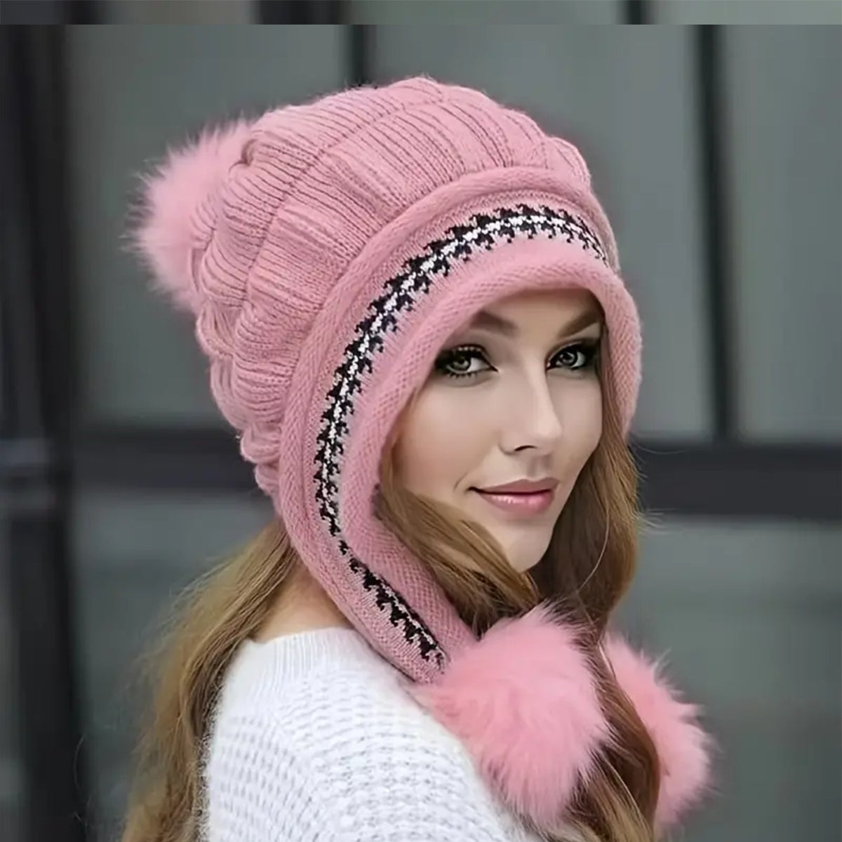 Cozy Knit Fleece-Feel Beanie With Ear Flaps & Pompom Warm Winter Hat