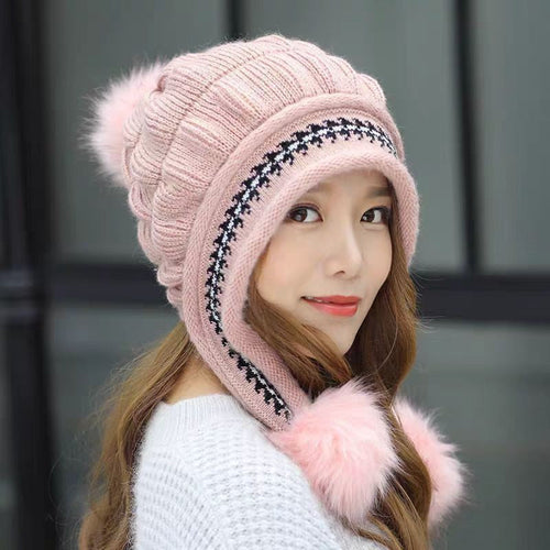 Cozy Knit Fleece-Feel Beanie With Ear Flaps & Pompom Warm Winter Hat