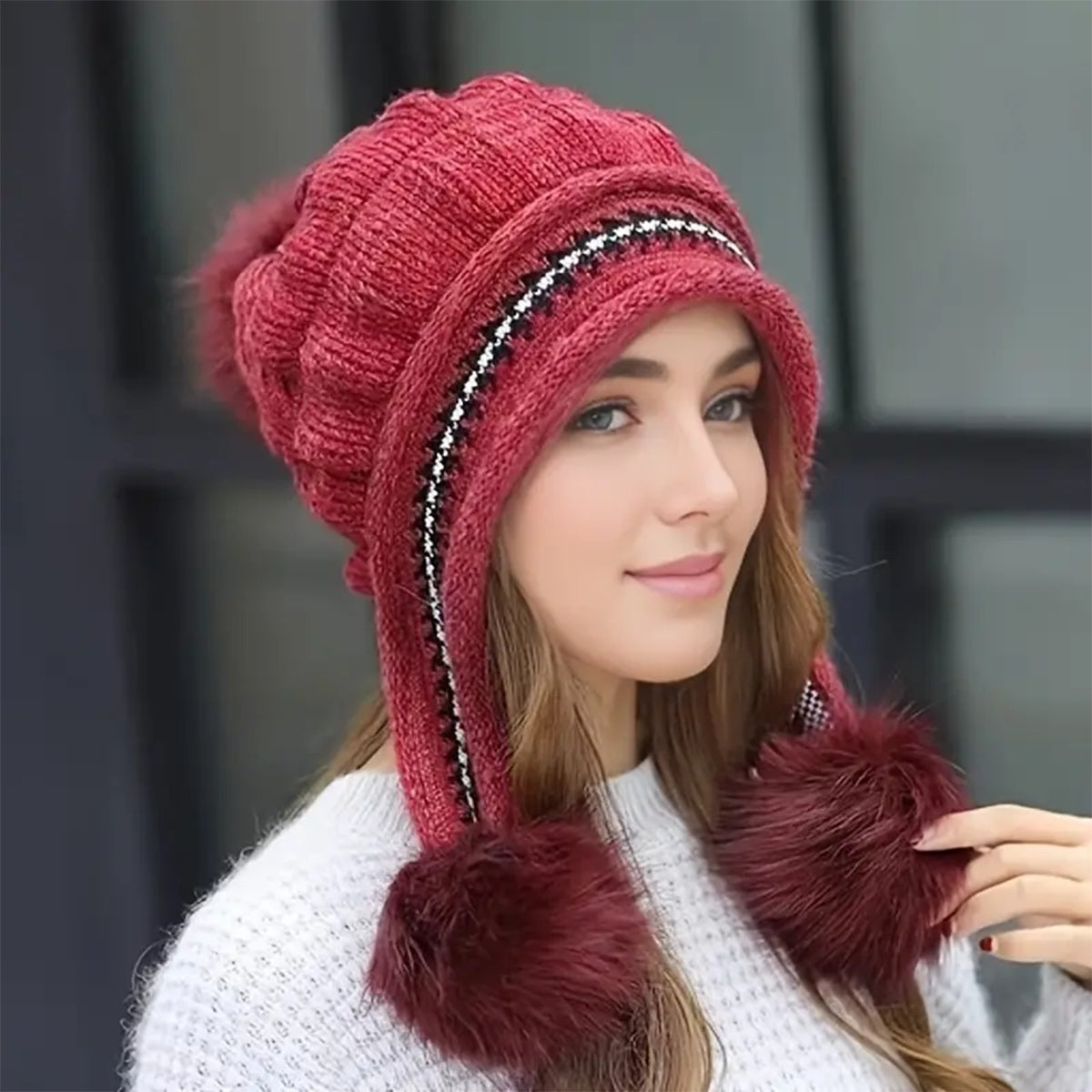Cozy Knit Fleece-Feel Beanie With Ear Flaps & Pompom Warm Winter Hat