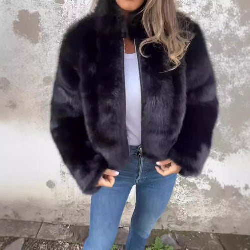 Fashion Stand Collar Plush Jacket Winter Casual Turtleneck Zipper Coat