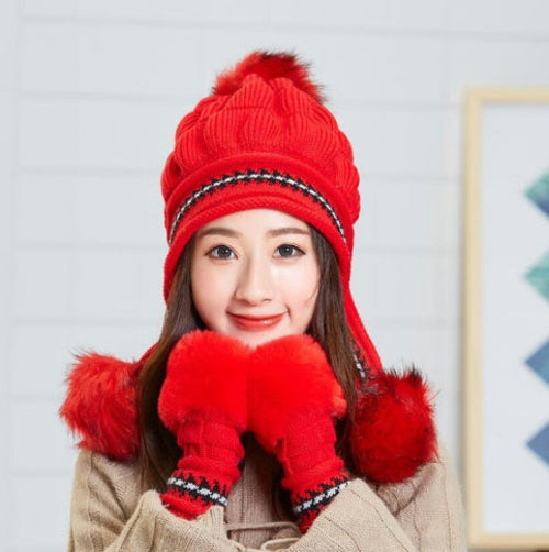 Cozy Knit Fleece-Feel Beanie With Ear Flaps & Pompom Warm Winter Hat