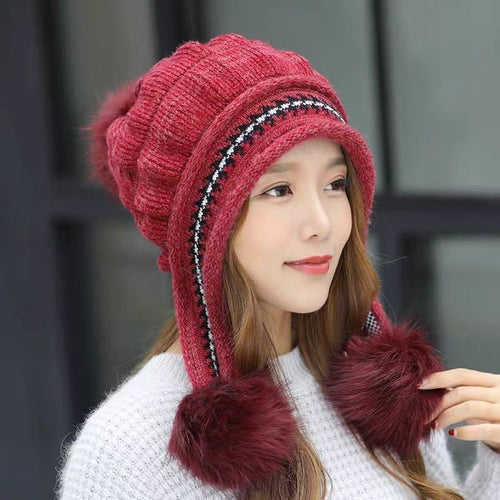 Cozy Knit Fleece-Feel Beanie With Ear Flaps & Pompom Warm Winter Hat