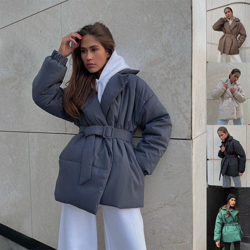 Winter Lapel Waisted Cotton Coat Fashion Solid Color Slim Overcoat