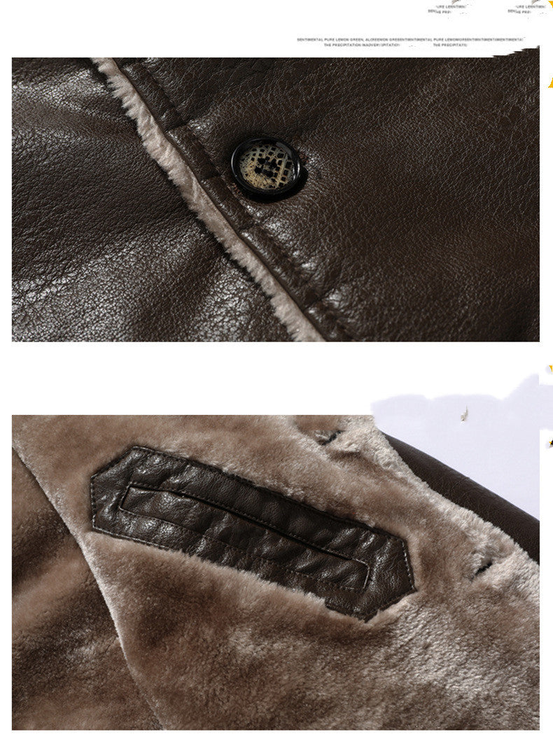 Plush Lapel Leather Jacket Winter Warm Fleece Single-breasted Coat For