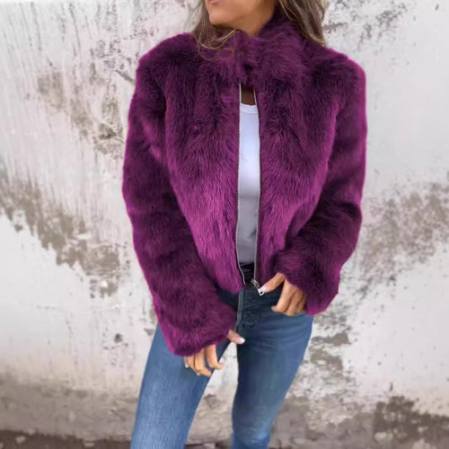 Fashion Stand Collar Plush Jacket Winter Casual Turtleneck Zipper Coat