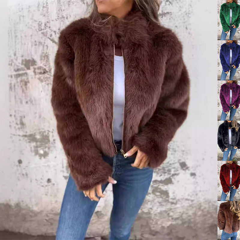 Fashion Stand Collar Plush Jacket Winter Casual Turtleneck Zipper Coat