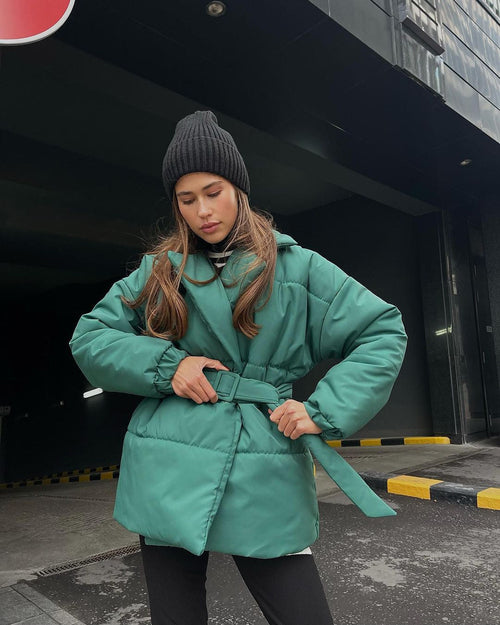 Winter Lapel Waisted Cotton Coat Fashion Solid Color Slim Overcoat