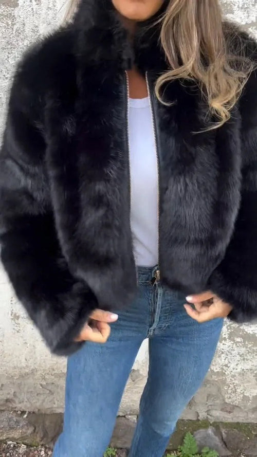 Fashion Stand Collar Plush Jacket Winter Casual Turtleneck Zipper Coat