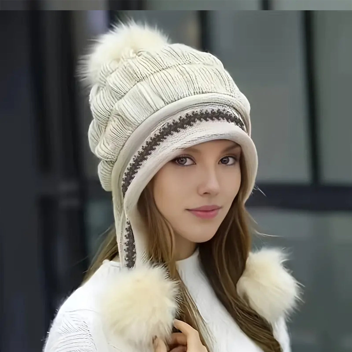 Cozy Knit Fleece-Feel Beanie With Ear Flaps & Pompom Warm Winter Hat