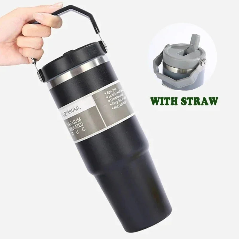 Portable Car Cup Stainless Steel Thermos Cup with Straw & Handle