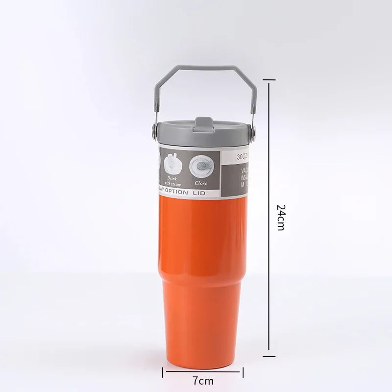 Portable Car Cup Stainless Steel Thermos Cup with Straw & Handle