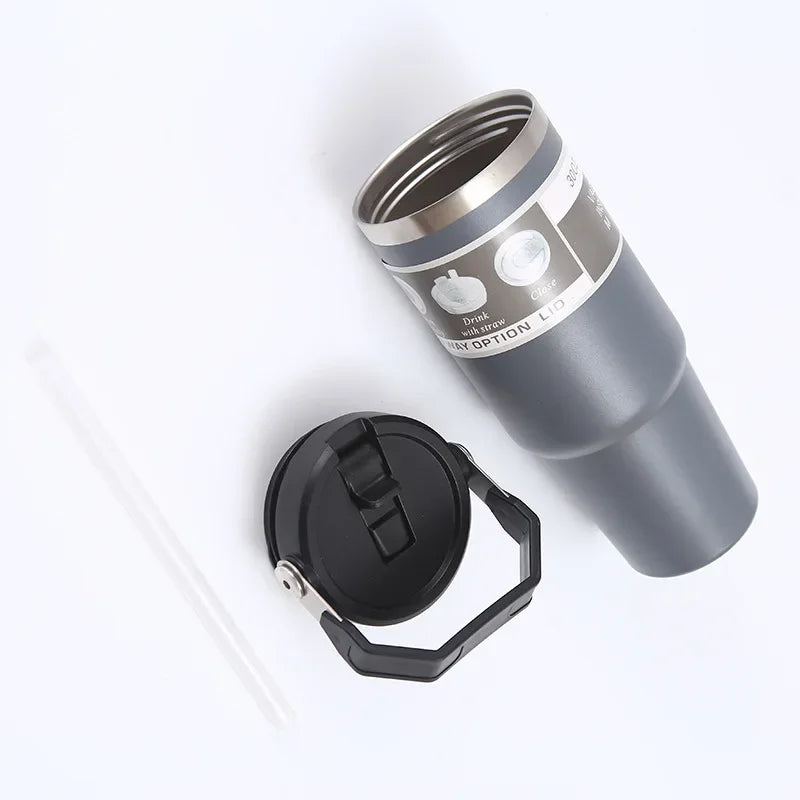 Portable Car Cup Stainless Steel Thermos Cup with Straw & Handle