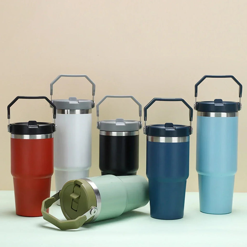 Portable Car Cup Stainless Steel Thermos Cup with Straw & Handle