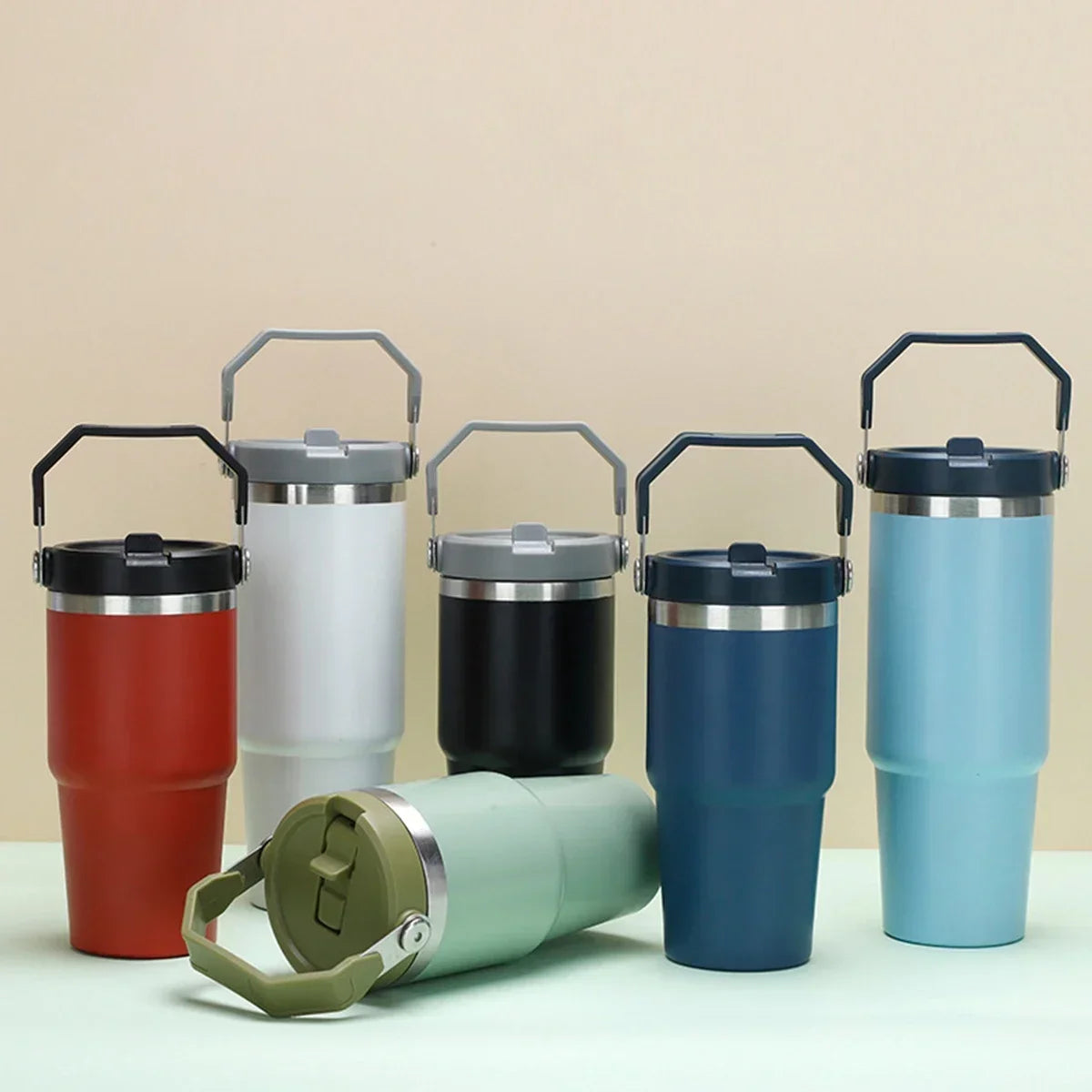 Portable Car Cup Stainless Steel Thermos Cup with Straw & Handle
