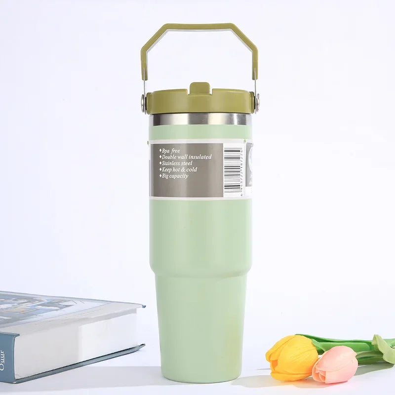 Portable Car Cup Stainless Steel Thermos Cup with Straw & Handle