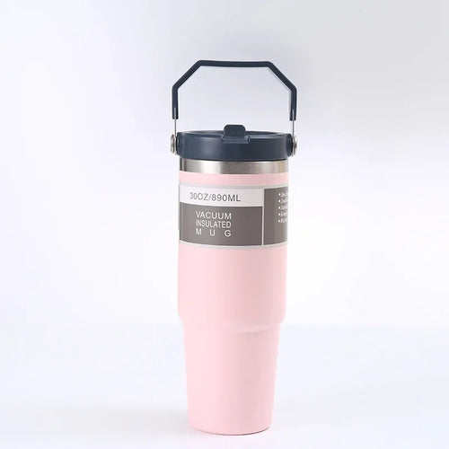 Portable Car Cup Stainless Steel Thermos Cup with Straw & Handle