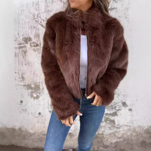 Fashion Stand Collar Plush Jacket Winter Casual Turtleneck Zipper Coat