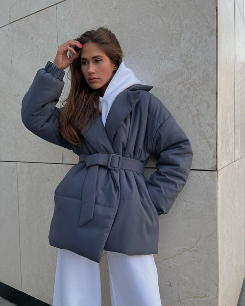 Winter Lapel Waisted Cotton Coat Fashion Solid Color Slim Overcoat