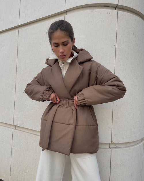 Winter Lapel Waisted Cotton Coat Fashion Solid Color Slim Overcoat