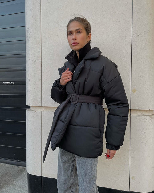 Winter Lapel Waisted Cotton Coat Fashion Solid Color Slim Overcoat