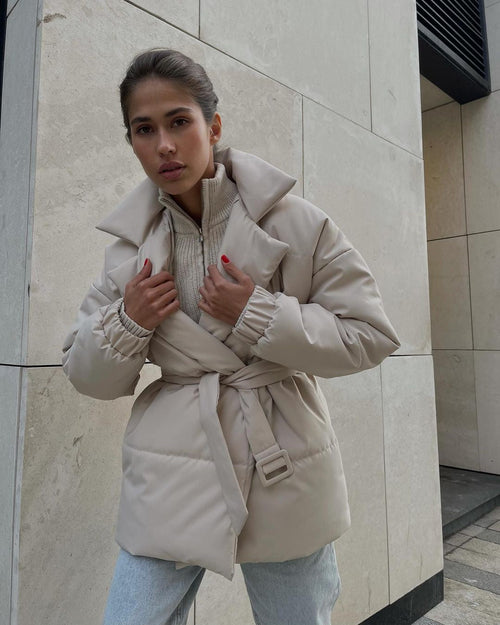 Winter Lapel Waisted Cotton Coat Fashion Solid Color Slim Overcoat