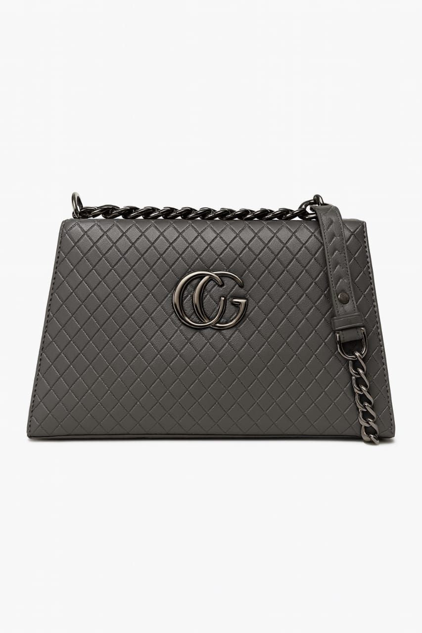 Elegant Grey Quilted Crossbody Bag with Double G Logo and Chain Detail