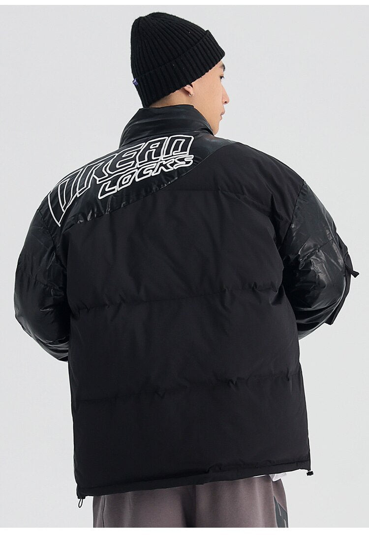 Parka Jacket Men Embroidery Patchwork Pocket Cotton Coat Winter